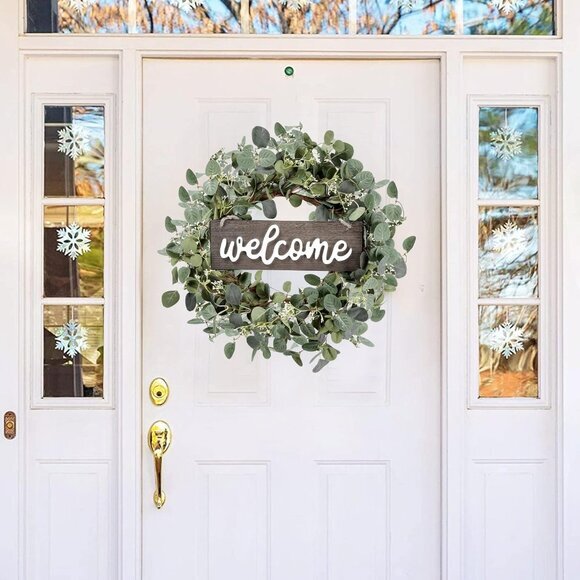 Green Eucalyptus Leaf Wreath Welcome Sign 20in Art for Front Door Wall Window - Picture 3 of 6